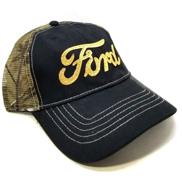 Realtree APG Black Trucker Hat Cap FORD in Gold Color & Camo Mesh NOS NEW (T14) - Picture 3 of 7